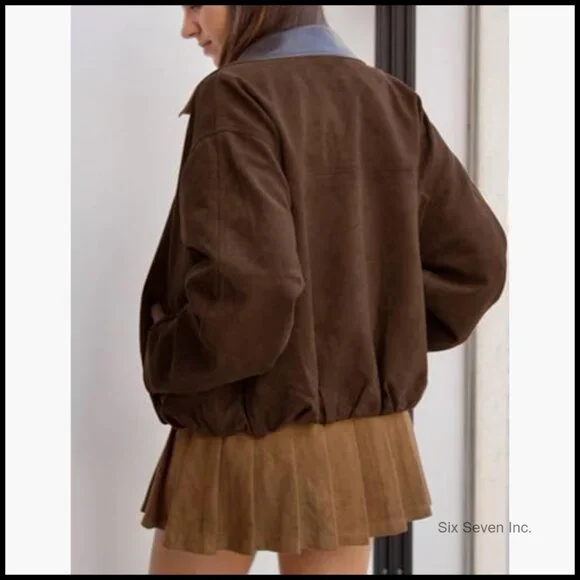 Faux Suede Bomber Jacket Oversized Cropped Zip Up Casual Outerwear - Picture 4 of 6